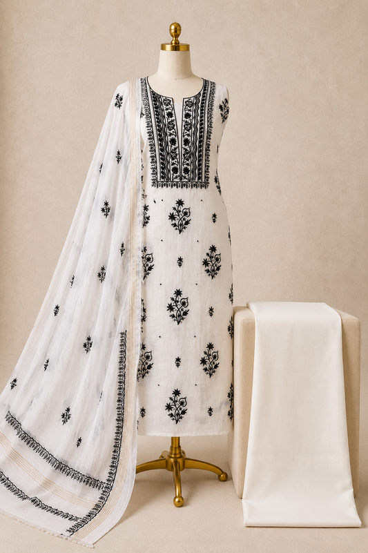 100% Handmade Chikankari with stone work Mal Chanderi 3Pc Unstitched Dress Material