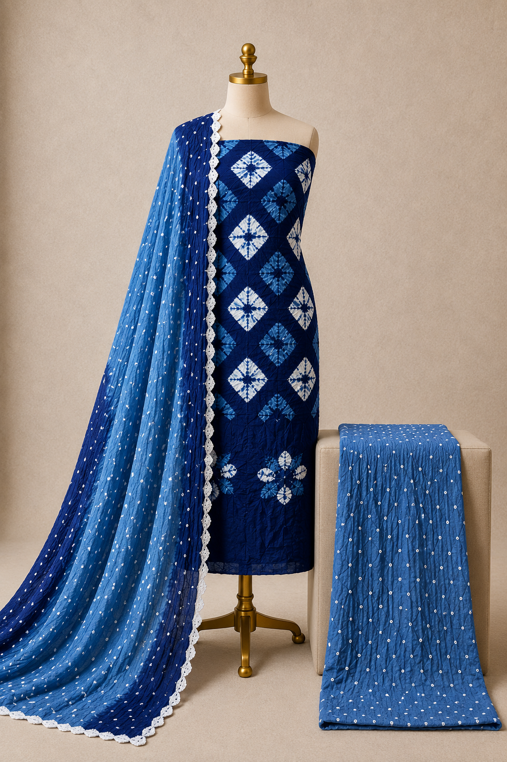 Cotton Shibori Bandhani Authentic Kutch Work 3Pc Unstitched Dress Material