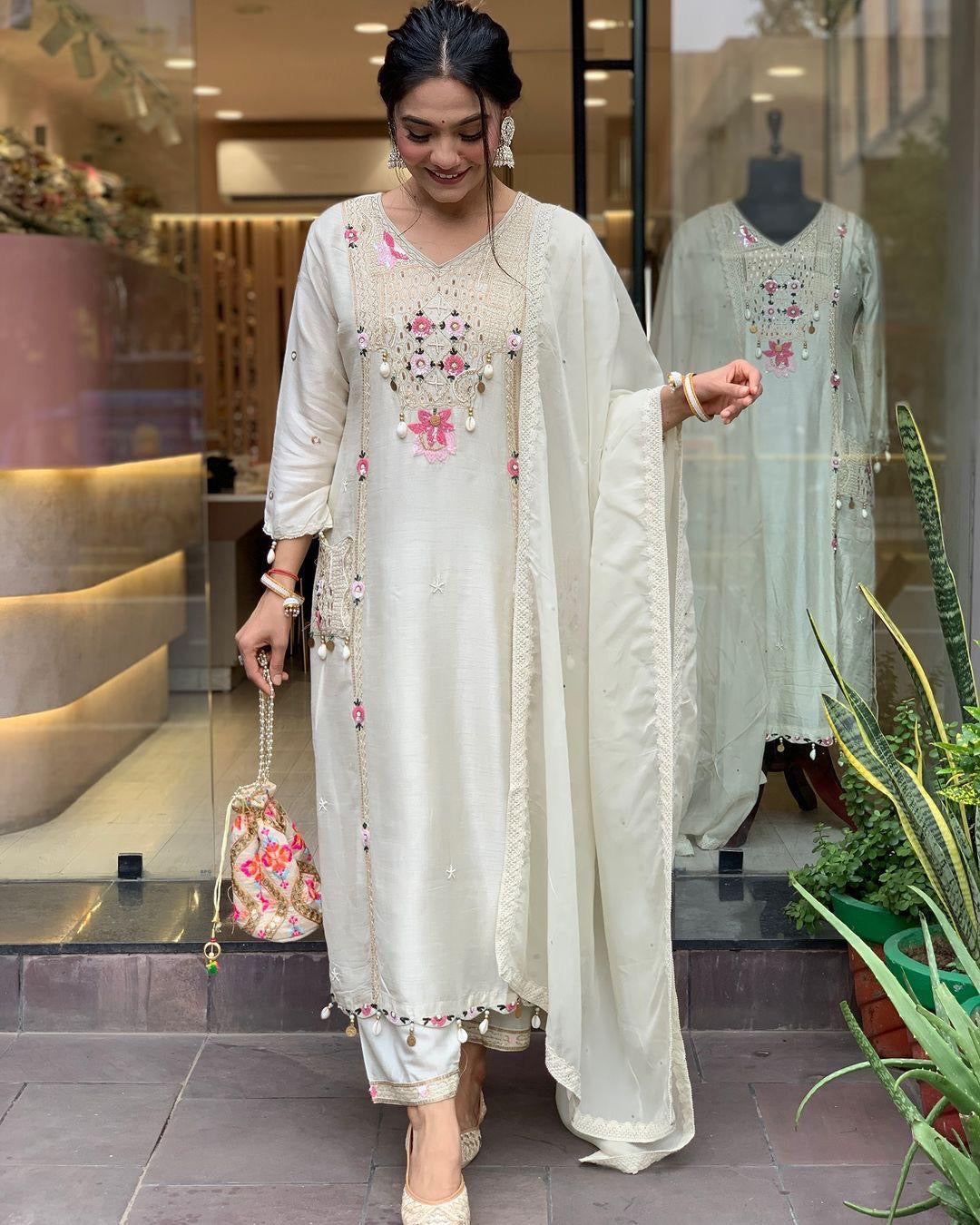 Pure Roman Silk Sequence Embroidery with Kodi Work Summer Special Kurti Pant Dupatta Set - Premium  from Ethenika.com  - Just INR 3090! Shop now at Ethenika.com 