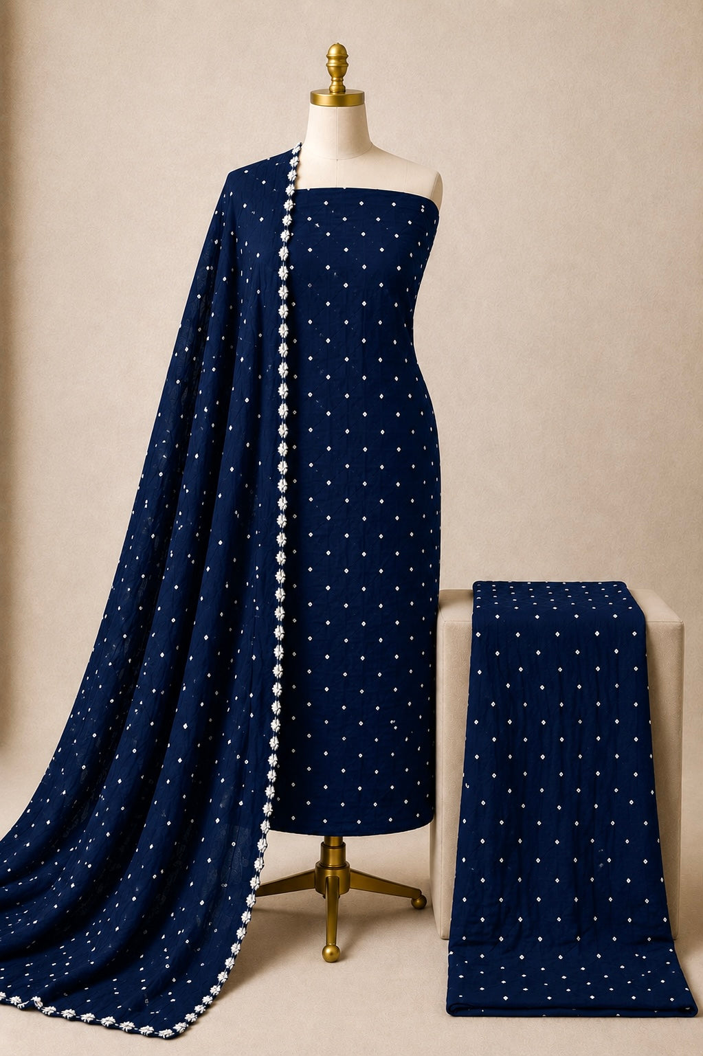 Cotton Satin Self Color Kutch 3Pc Unstitched Bandhani Dress Material