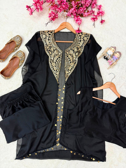 Georgette Zari Embroidery Indowestern Shrug Jacket Set with Plazzo