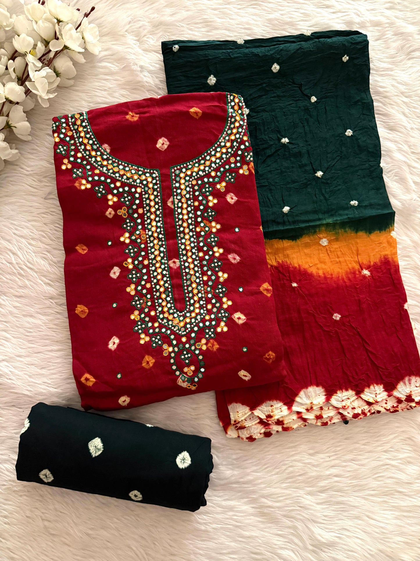Cotton Neck Mirror Thread work Kutchi Bandhani Dress Material (Unstitched)