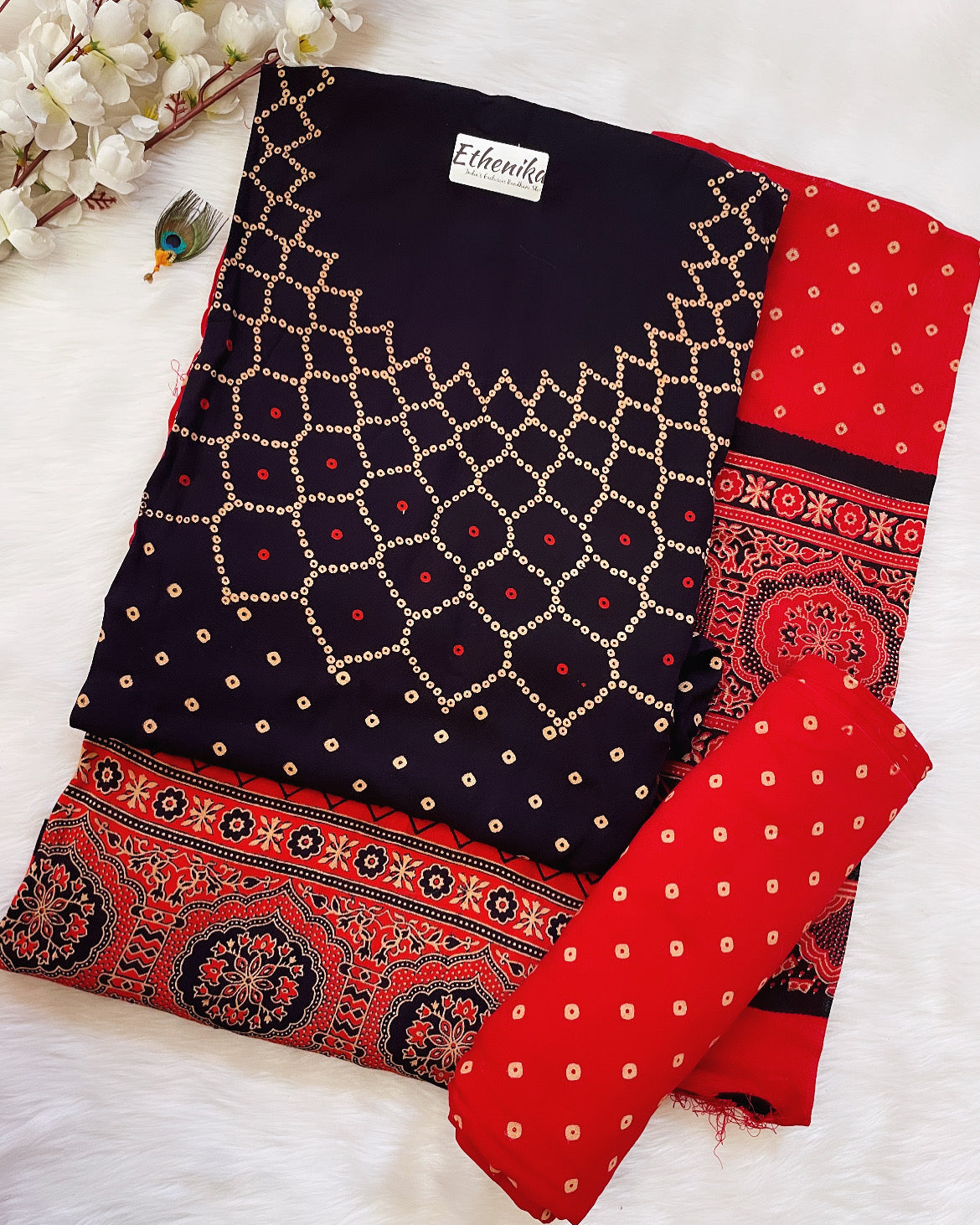 Cotton Ajrakh Makdi Bandhani Print Dress Material (Unstitched) - Premium Bandhani from Ethenika - Just INR 1390! Shop now at Ethenika.com 