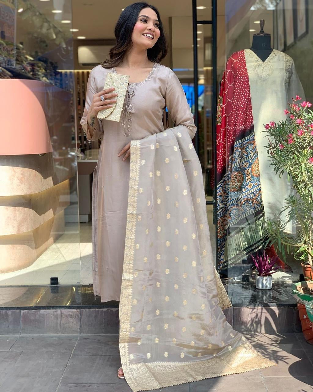 Roman Silk Jeckard Hand work Zari Weaving work Kurti Pant Dupatta Set (Stitched) - Premium  from Ethenika.com  - Just INR 2990! Shop now at Ethenika.com 