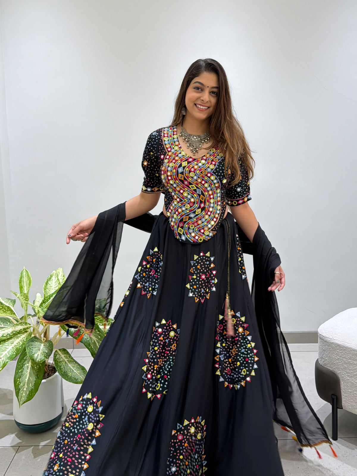 Black Rayon Mirror Work Chaniya Choli - front view