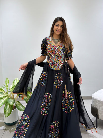 Black Rayon Mirror Work Chaniya Choli - front view