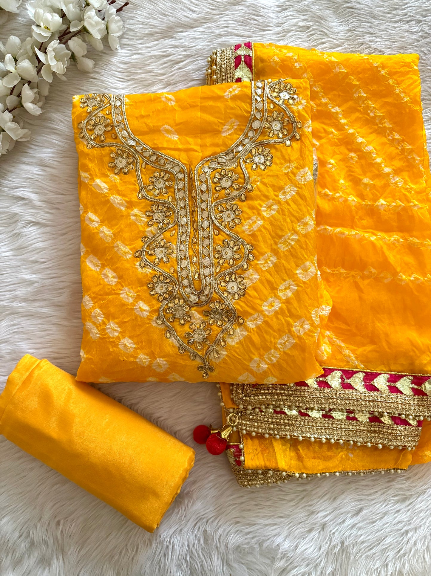 Silk Fabric Neck work with Fumka Work Dupatta Bandhani Dress Material ( Unstitched)