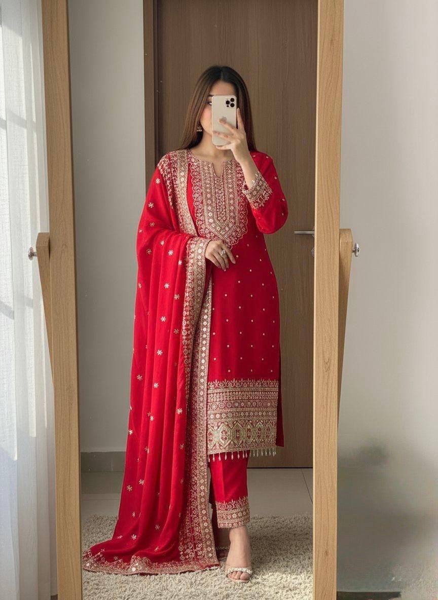 Chinon Silk Designer Party Wear Kurti Pant Dupatta Set