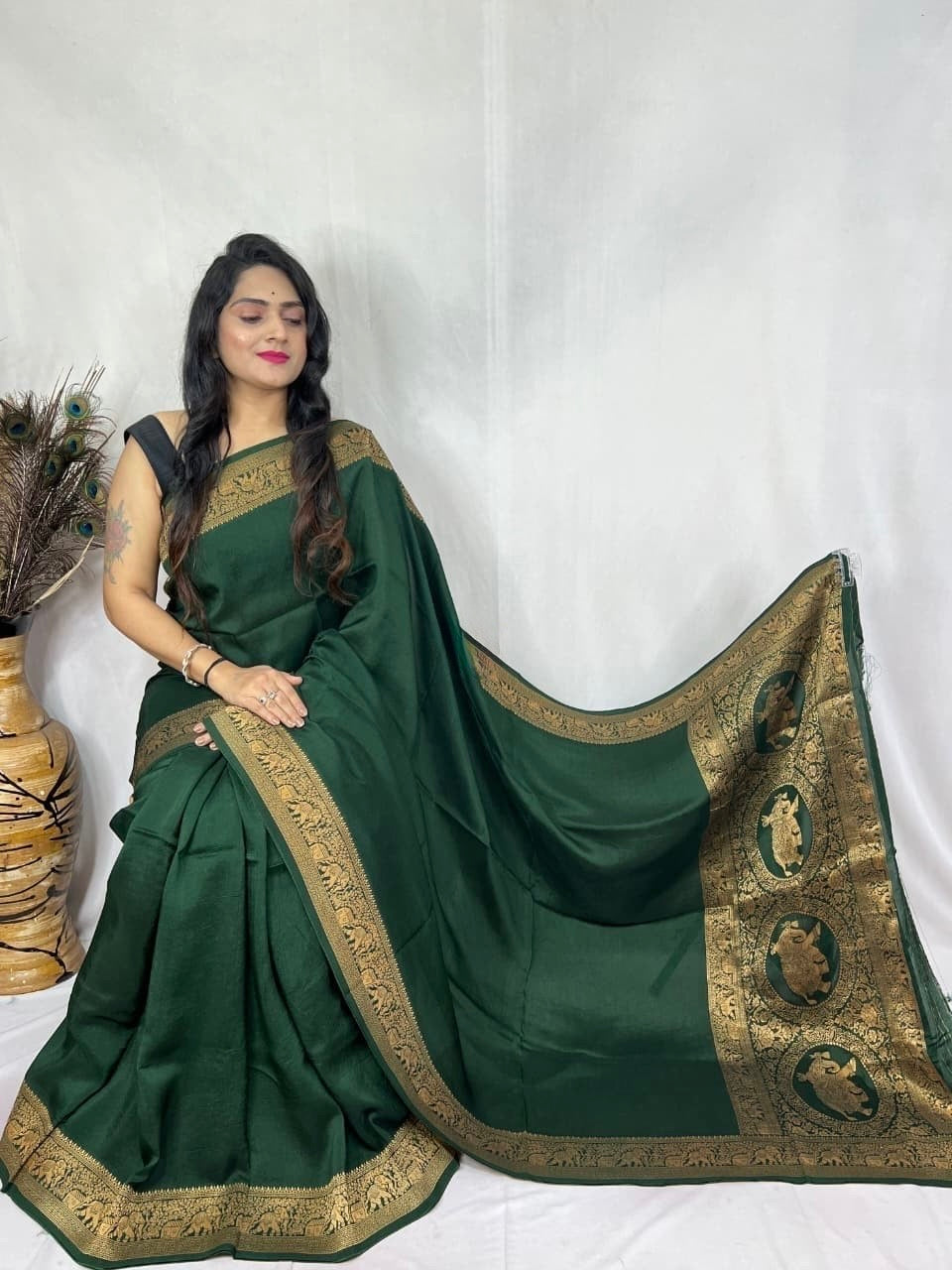 Dola Silk Plain Dye Golden Embroidery Work Silk Saree