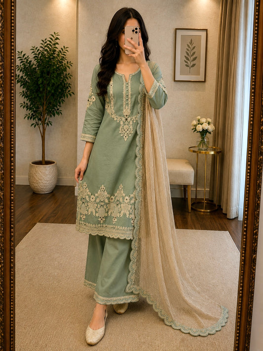 Glass Satin Coding Sequence Work Designer Kurti Pant Dupatta Set