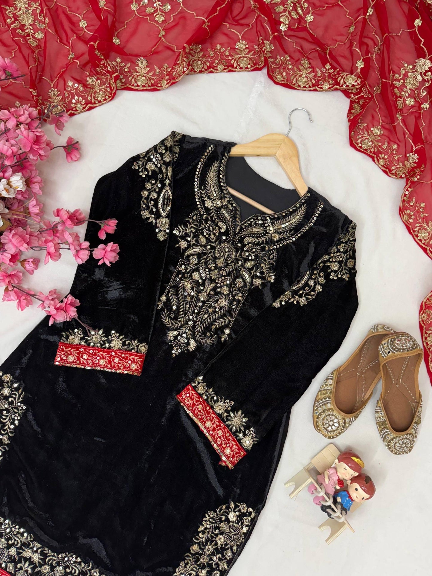 Ethenika Sequence Embroidery Work Designer Velvet 3Pc Kurti Pant Dupatta Set ( Ready to Wear)