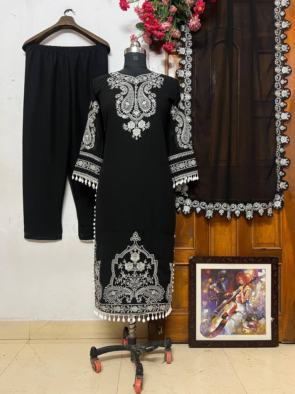 Georgette Zari Embroidery work Long Kurti Palazzo Dupatta Set - Premium  from Ethenika.com  - Just INR 2890! Shop now at Ethenika.com 