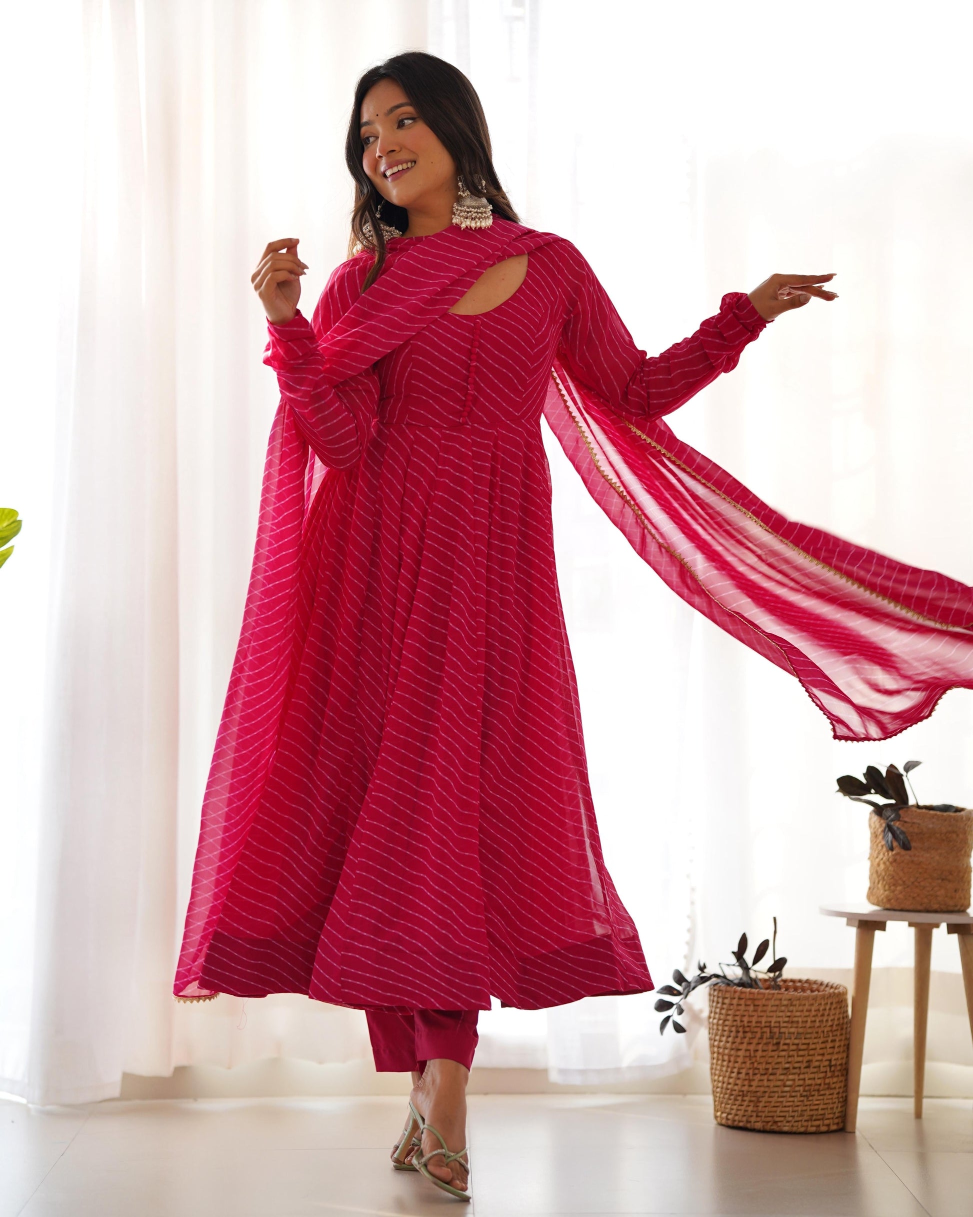 Faux Georgette Leheriya Print Anarkali 4M Flair Kurti Pant Dupatta Set (Ready To Wear) - Premium  from Ethenika.com  - Just INR 2990! Shop now at Ethenika.com 