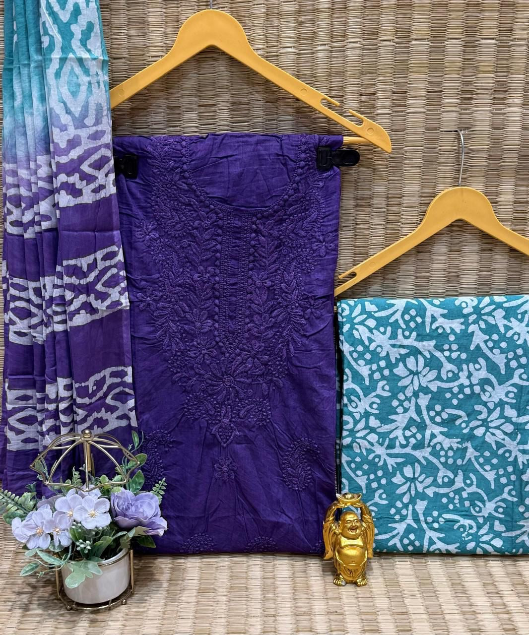 Cotton Lakhnavi Thread Work Batik Dress Material