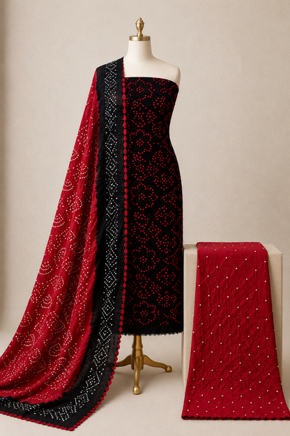 Cotton Satin Authentic Tie and Dye 3Pc Kutch Bandhani Dress Material (Unstitched)