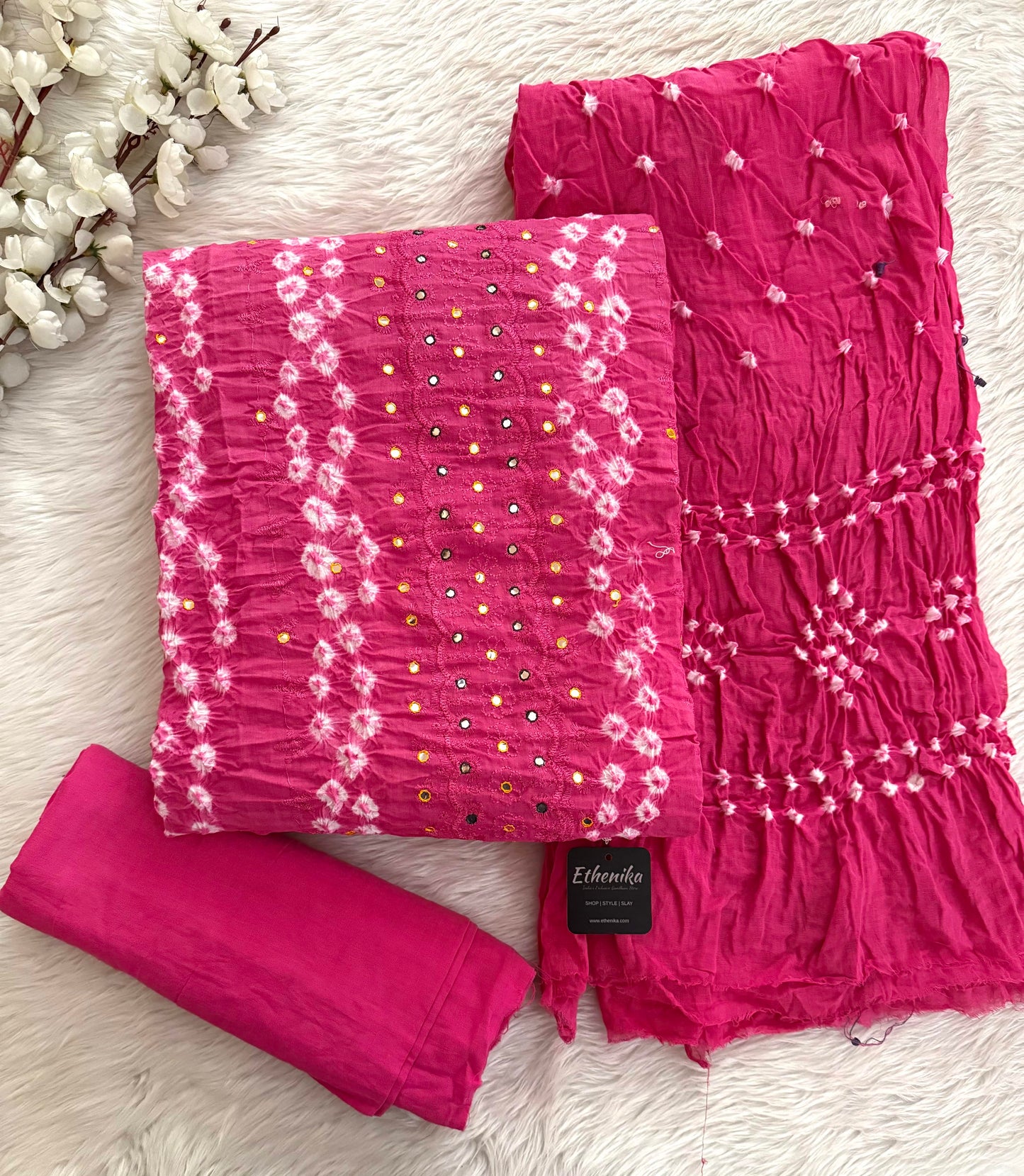 Cotton Mirror Thread Work Bandhani Dress Material (Unstitched)