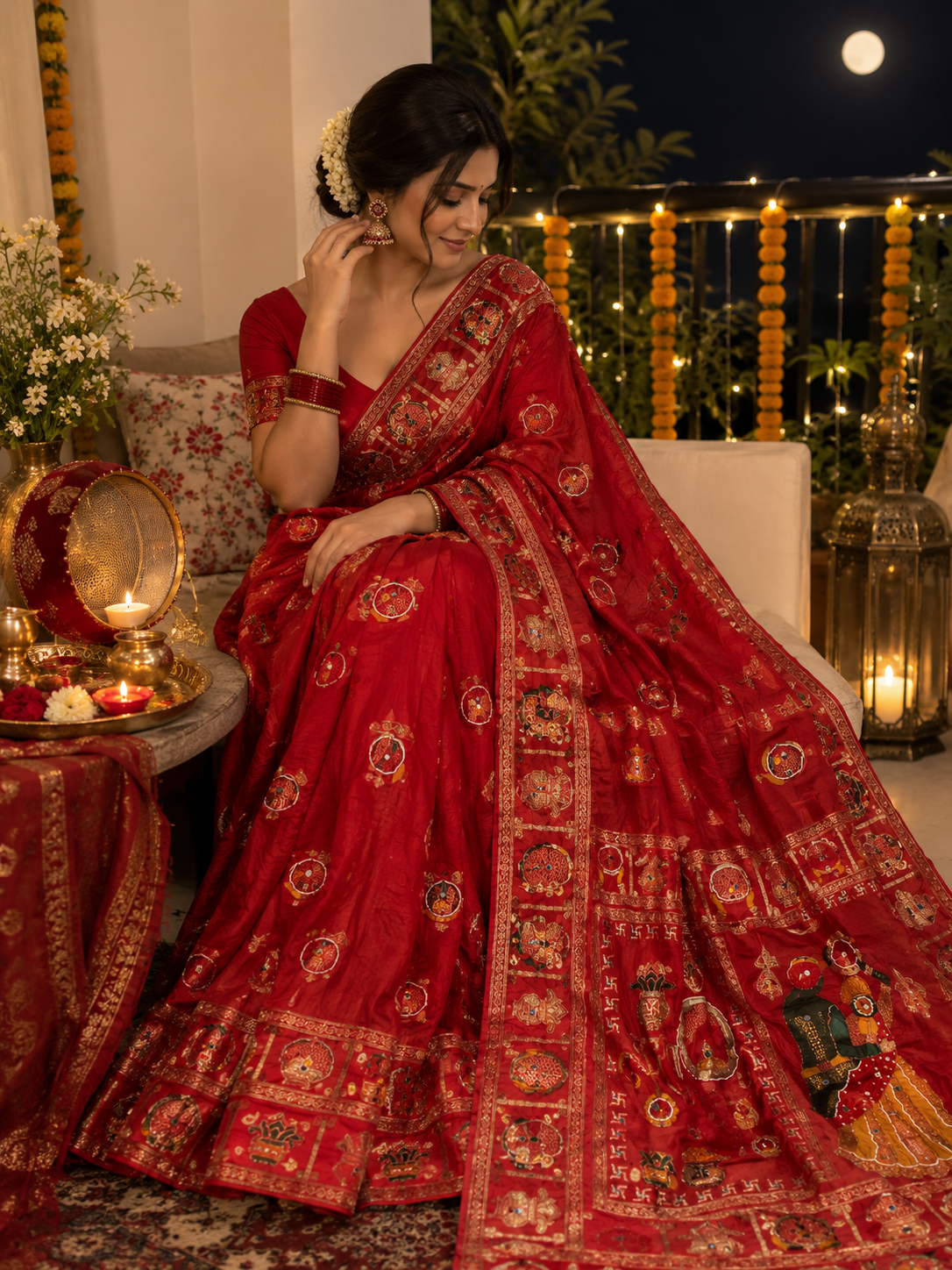 Ethenika Red Meena Saree for Karwachauth - Front view