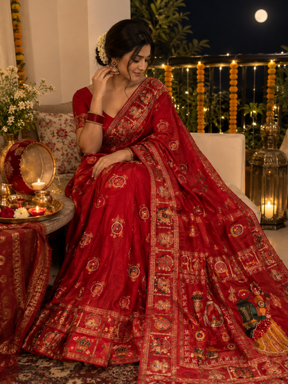 Ethenika Red Meena Saree for Karwachauth - Front view