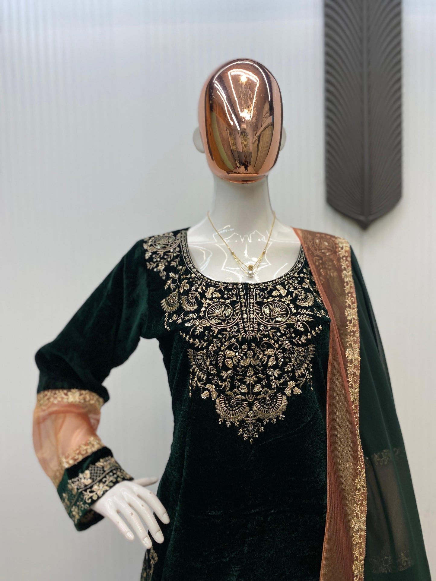 Ethenika Original Sequence Embroidery Work Designer Party Wear Velvet Kurti Pant Dupatta Set (Ready To Wear)