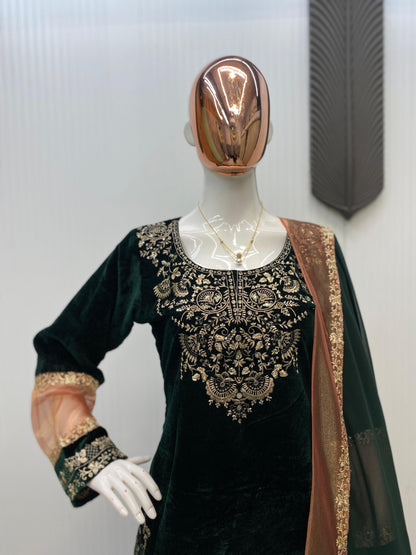 Ethenika Original Sequence Embroidery Work Designer Party Wear Velvet Kurti Pant Dupatta Set (Ready To Wear)
