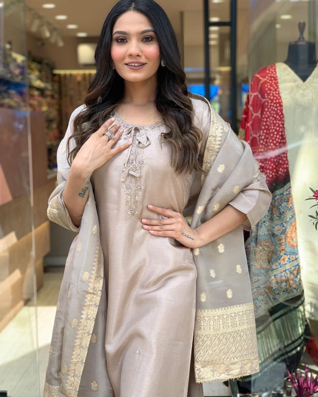 Roman Silk Jeckard Hand work Zari Weaving work Kurti Pant Dupatta Set (Stitched) - Premium  from Ethenika.com  - Just INR 2990! Shop now at Ethenika.com 