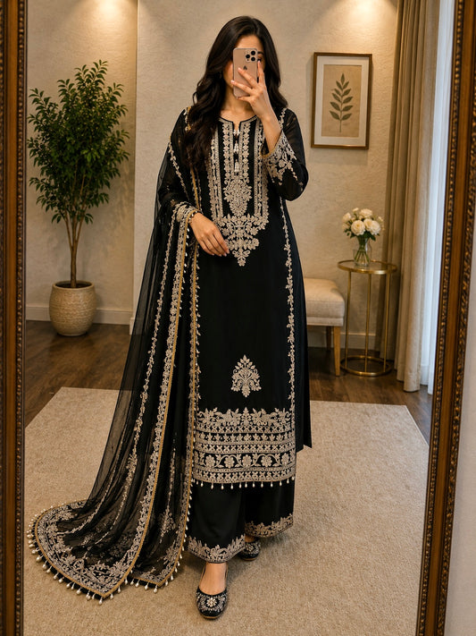 Faux Georgette Sequence Embroidery Work Designer 3Pc Ready Wear Kurti Pant Dupatta Set