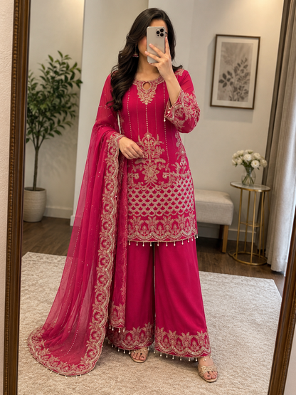 Faux georgette sequence embroidery Kurti Palazzo Dupatta set - front view