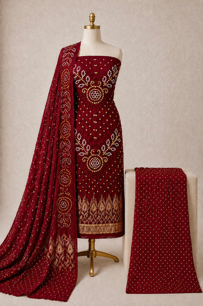 Modal Silk Barik Bandhej Work Silk 3Pc Unstitched Bandhani Dress Material
