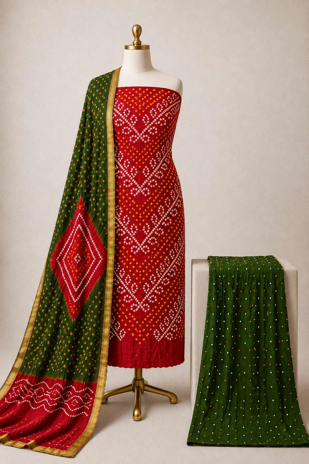 Cotton satin handmade Kutch Bandhani unstitched 3-piece dress material