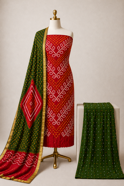 Cotton satin handmade Kutch Bandhani unstitched 3-piece dress material