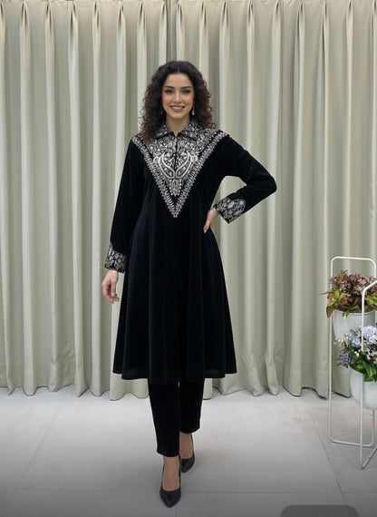 Neck Sequence Embroidery Work with Collar Velvet Cord Set