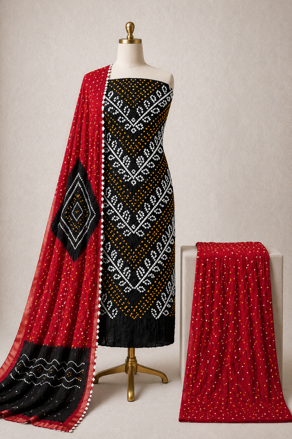 Handcrafted Bandhani 3-piece dress material with dupatta by Ethenika