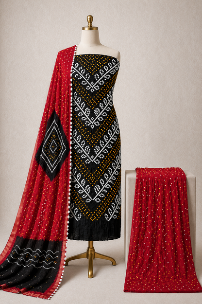 Handcrafted Bandhani 3-piece dress material with dupatta by Ethenika