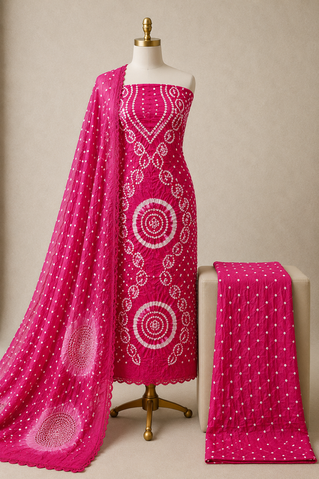 Cotton Satin Authentic Handmade Kutch 3Pc Bandhani Dress Material