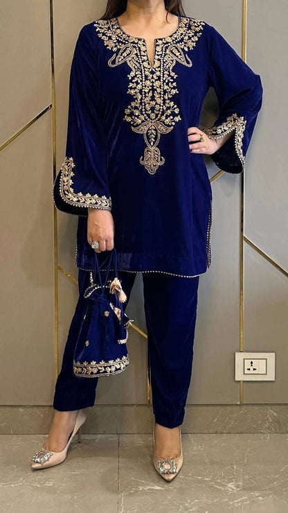 Neck Embroidery work Velvet Kurti Pant Set (Stitched) - Premium  from Ethenika.com - Just INR 2190! Shop now at Ethenika.com 