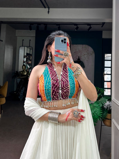 White Bandhani Mirror Work Chaniya Choli - side view