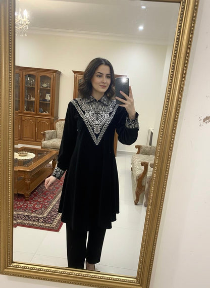 Neck Sequence Embroidery Work with Collar Velvet Cord Set