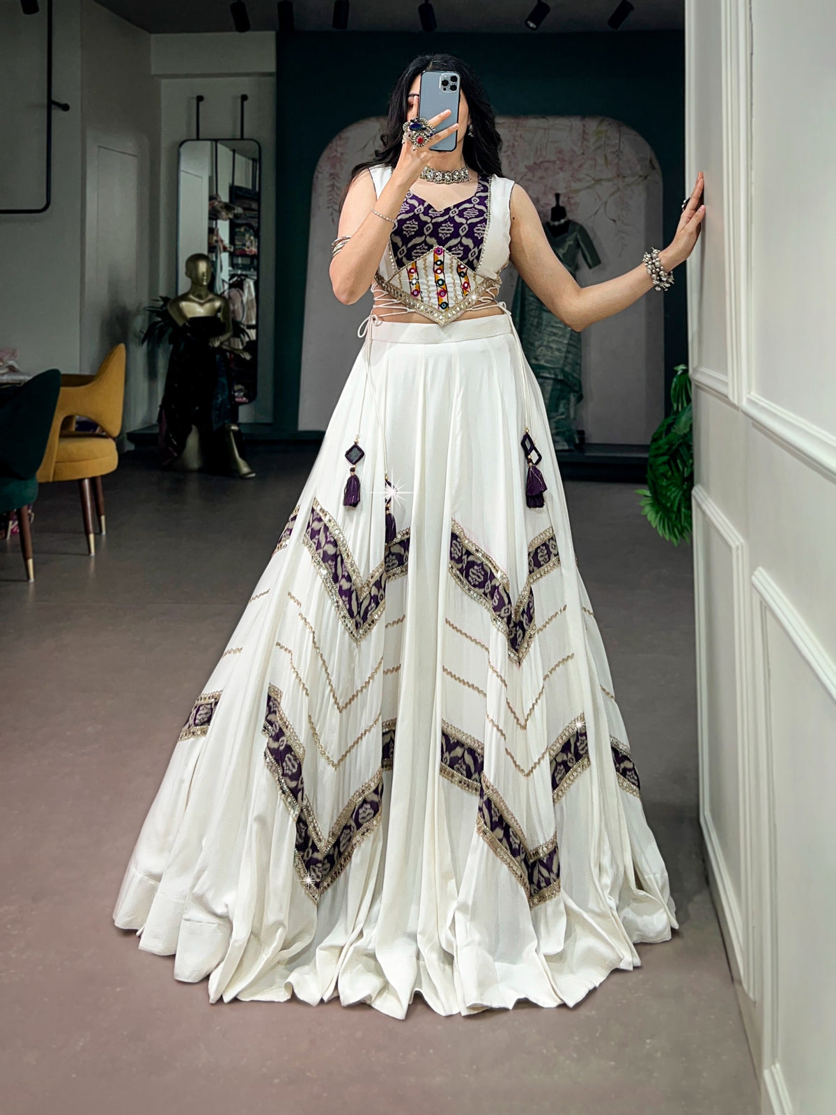 White rayon Gamthi mirror work Chaniya Choli for Garba - front view