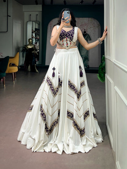 White rayon Gamthi mirror work Chaniya Choli for Garba - front view