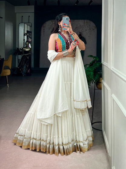 White Bandhani Mirror Work Chaniya Choli - Navratri styled look
