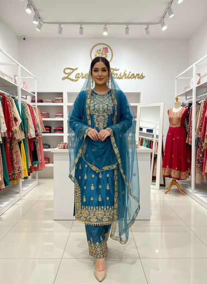 Chinon Silk Sequence Embroidery Work Eid Special Desinger Kurti Pant Dupatta Set (ready to wear)