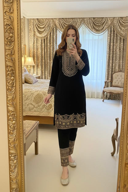 Zari Embroidery Work Ready to Wear Velvet Kurti Pant Set