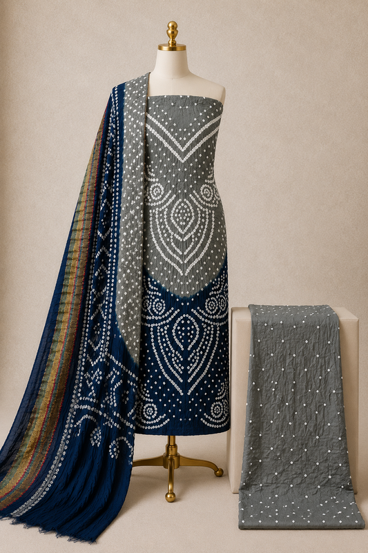 Cotton Satin Multicolor 3Pc Unstitched Bandhani Dress Material