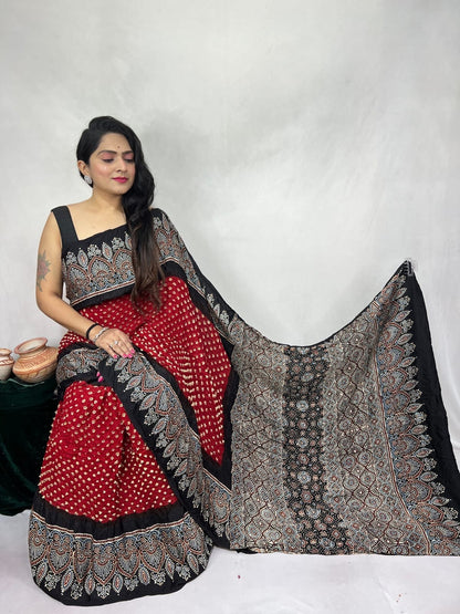 Pure Modal Silk Ajrakh Block Print with Bandhani Work Saree
