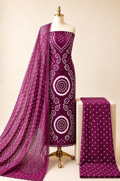 Cotton Satin Authentic Handmade Kutch 3Pc Bandhani Dress Material