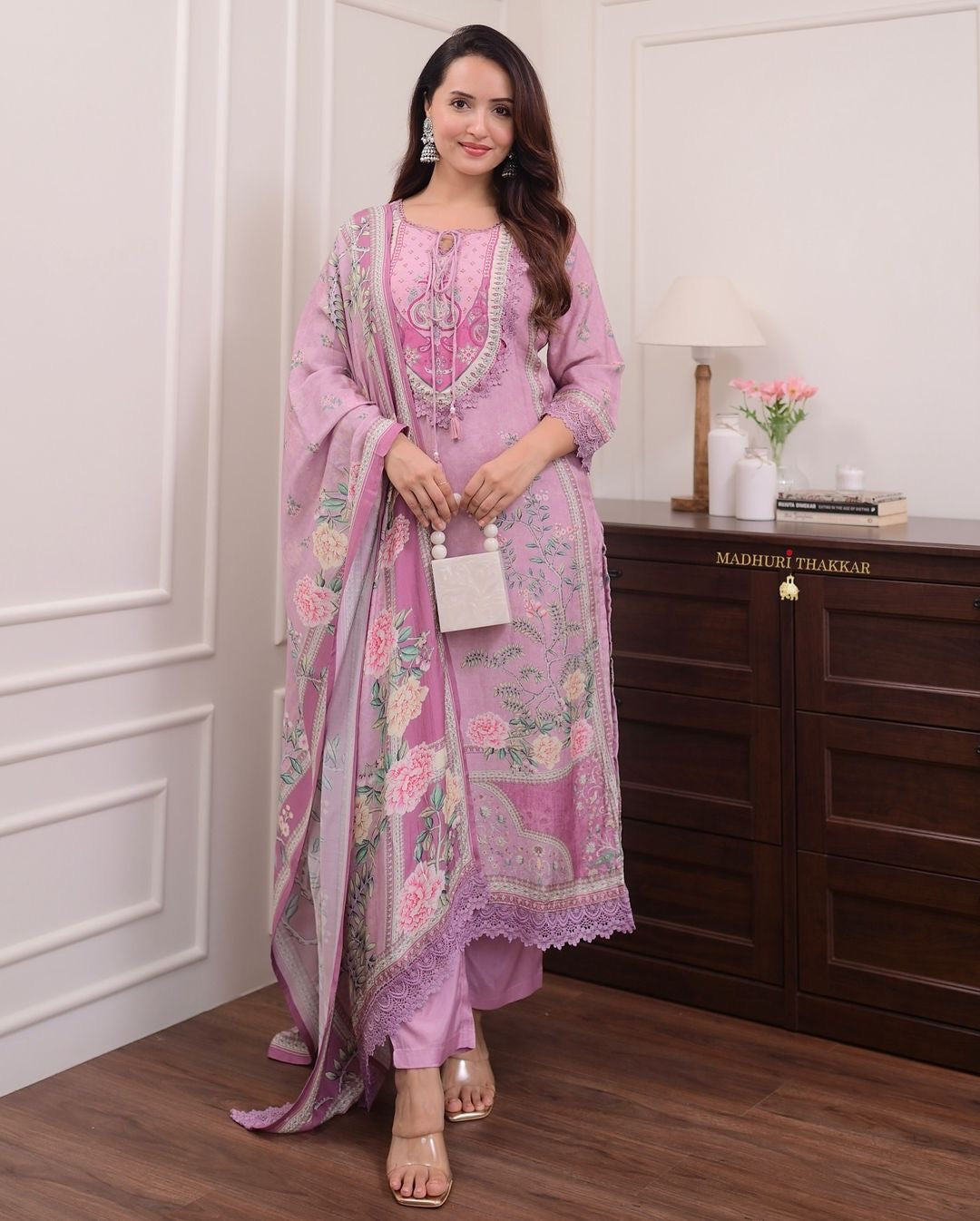 Lilac Muslin Floral Digital Printed Pakistani Kurti Pant Dupatta Set - Premium  from Ethenika.com - Just INR 2490! Shop now at Ethenika.com 