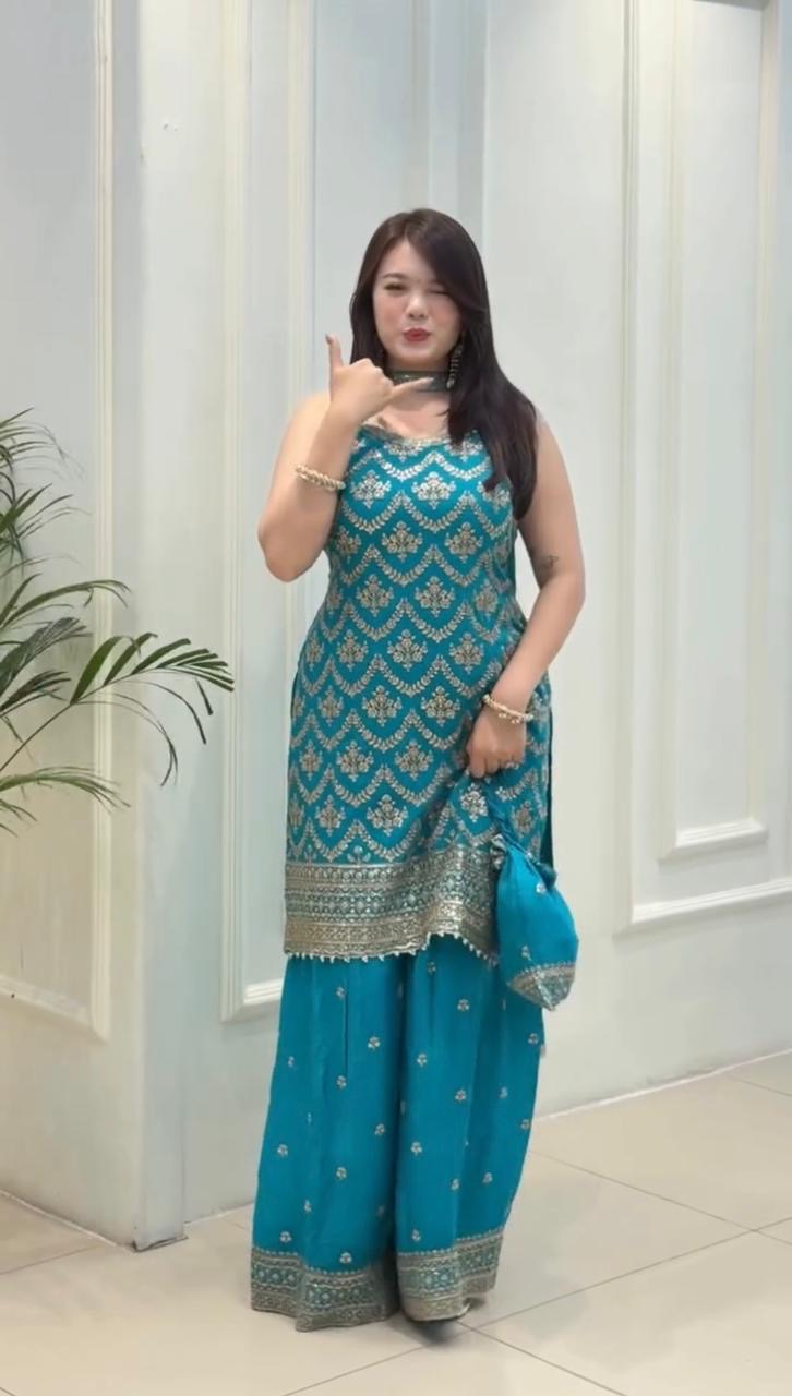 Faux Georgette Sequence Embroidery Work Sleeveless Kurti Sharara Dupatta with Bag Set(Ready to Wear)