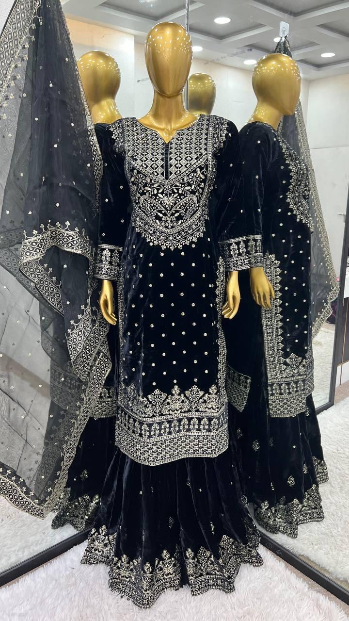 Ethenika Silver Thread Embroidery work Reasdy to wear Velvet Kurti Sharar Set - Premium  from Ethenika.com  - Just INR 4990! Shop now at Ethenika.com 