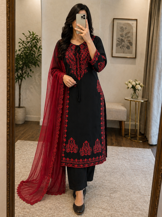 Rayon Chikankari Work Kurti Pant Dupatta Set