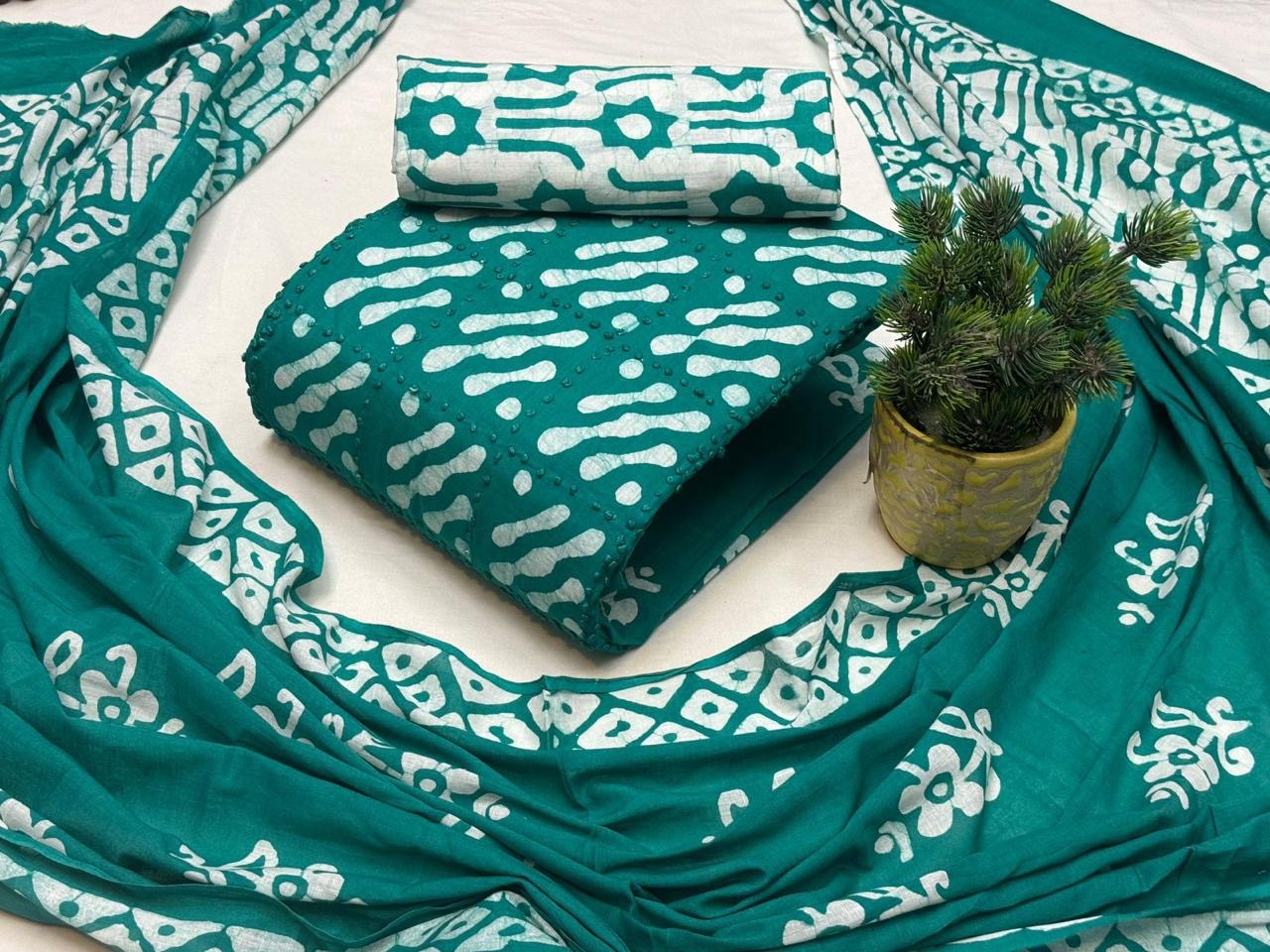 Cotton Thread Work Hand Block Unstitched Batik Dress Material